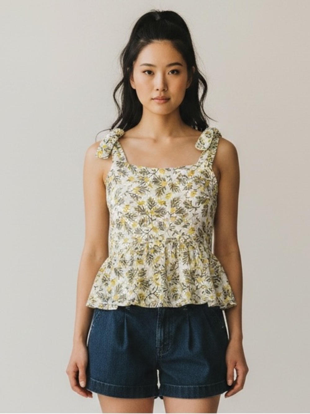 dip White Tank Top with Yellow Floral & Green Leaf Print